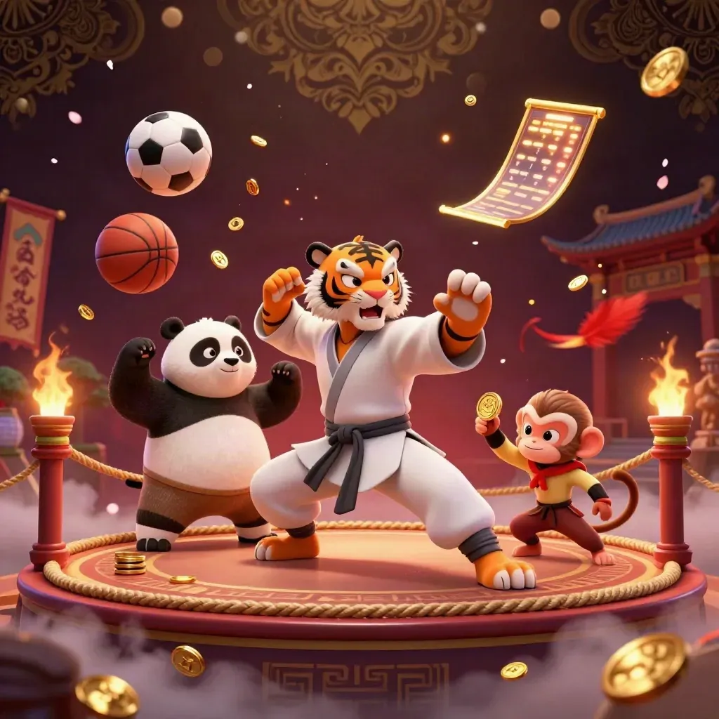 Tiger, panda, and monkey in a torch-lit fighting ring with flying coins, balls, and temple glow