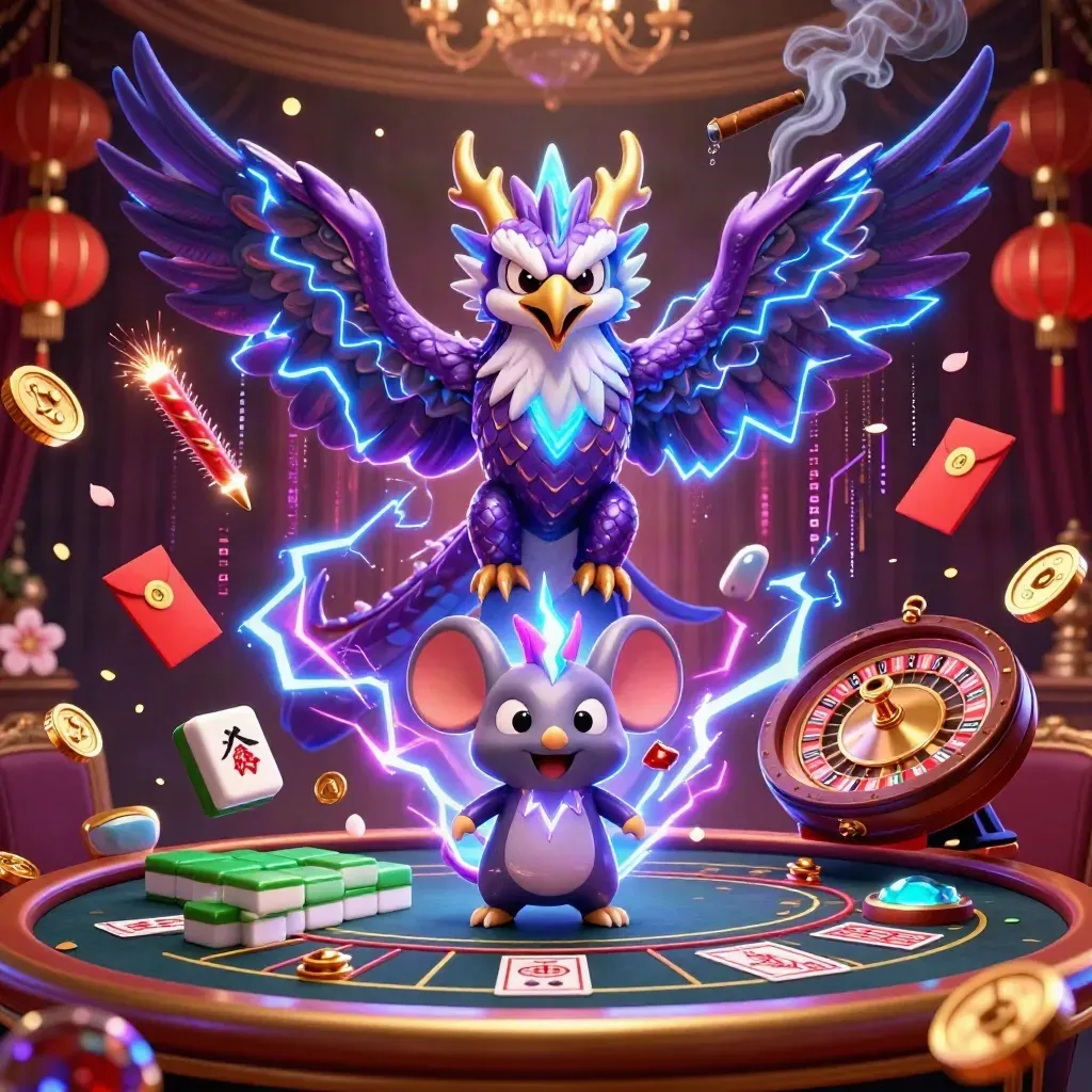 Thunder dragon, hawk, and mouse in a luxe casino scene with lanterns, coins, and gold smoke.