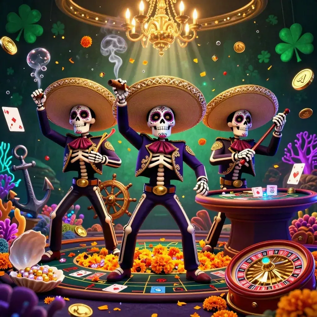 Day-of-the-Dead mariachi skeleton trio amid roulette, treasure, coral glow, and casino riches.