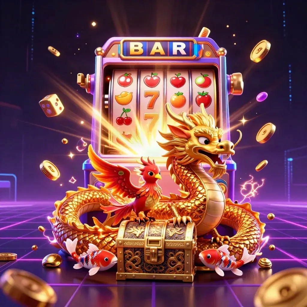 Golden dragon, phoenix, koi, treasure chest, slot burst, neon casino key art