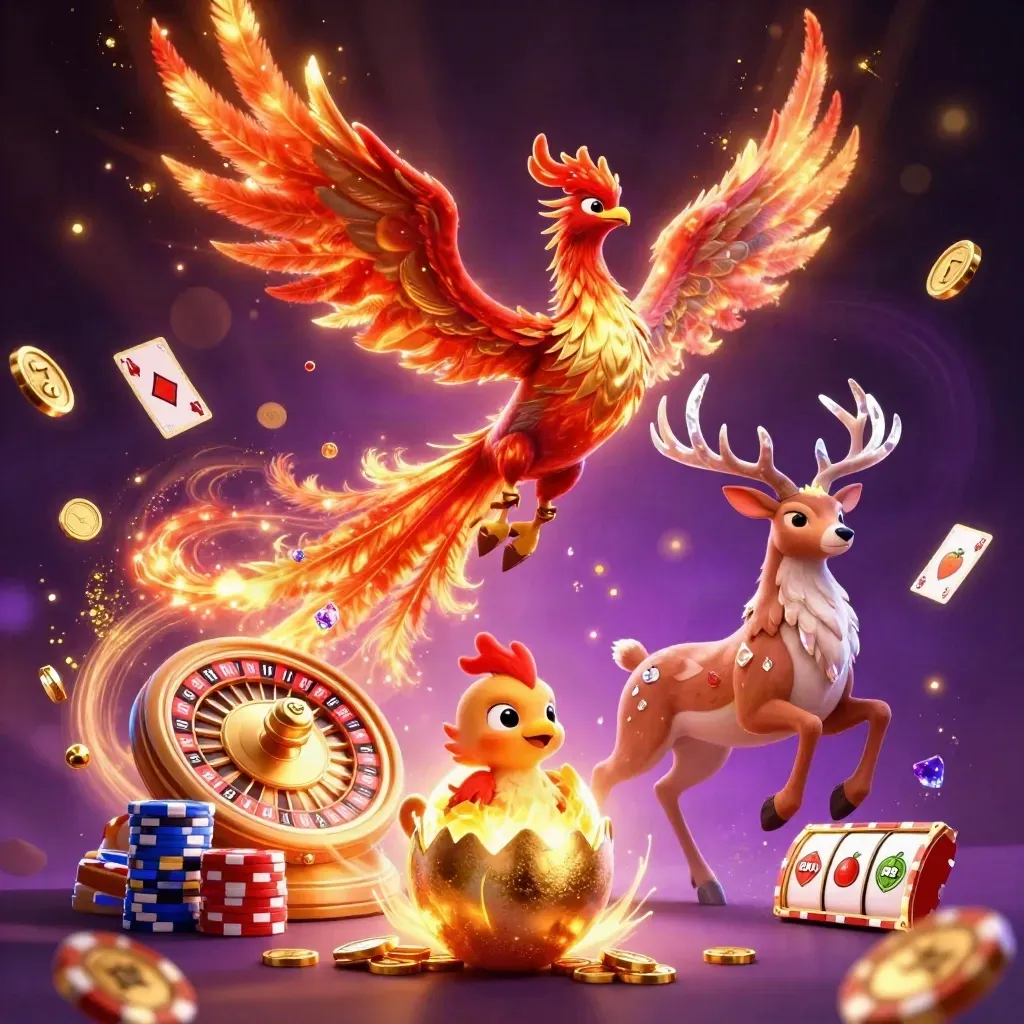 Fire phoenix, baby phoenix, and crystal stag amid gold coins, gems, roulette, chips, and purple magic.