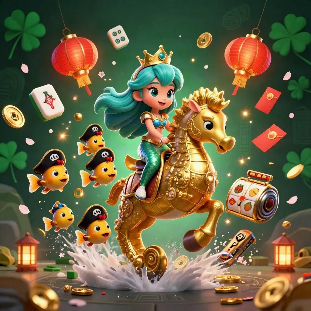 Mermaid princess rides armored seahorse amid casino gems, lanterns, and neon purple magic
