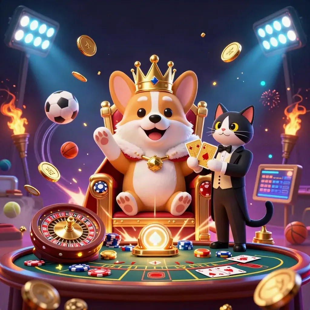 Royal corgi king and cat butler amid roulette, coins, trophies, and casino fireworks.