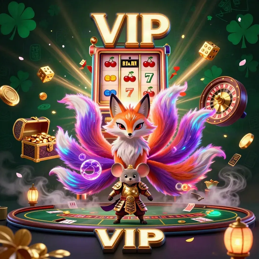 Fox spirit and samurai mouse amid jackpot bursts, roulette spin, and casino gold glow.
