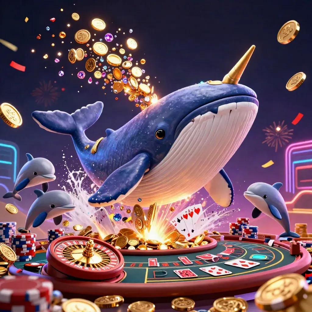 Whale, narwhal, and dolphins burst through coins with roulette, chips, and neon casino fireworks.