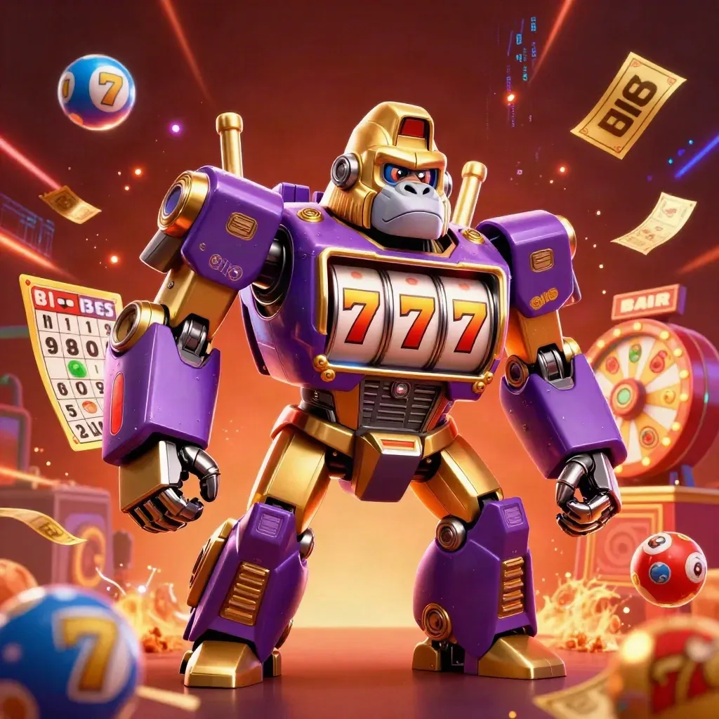 Golden gorilla slot mech with tiny monkey pilot amid lottery balls, wheel and neon casino energy.