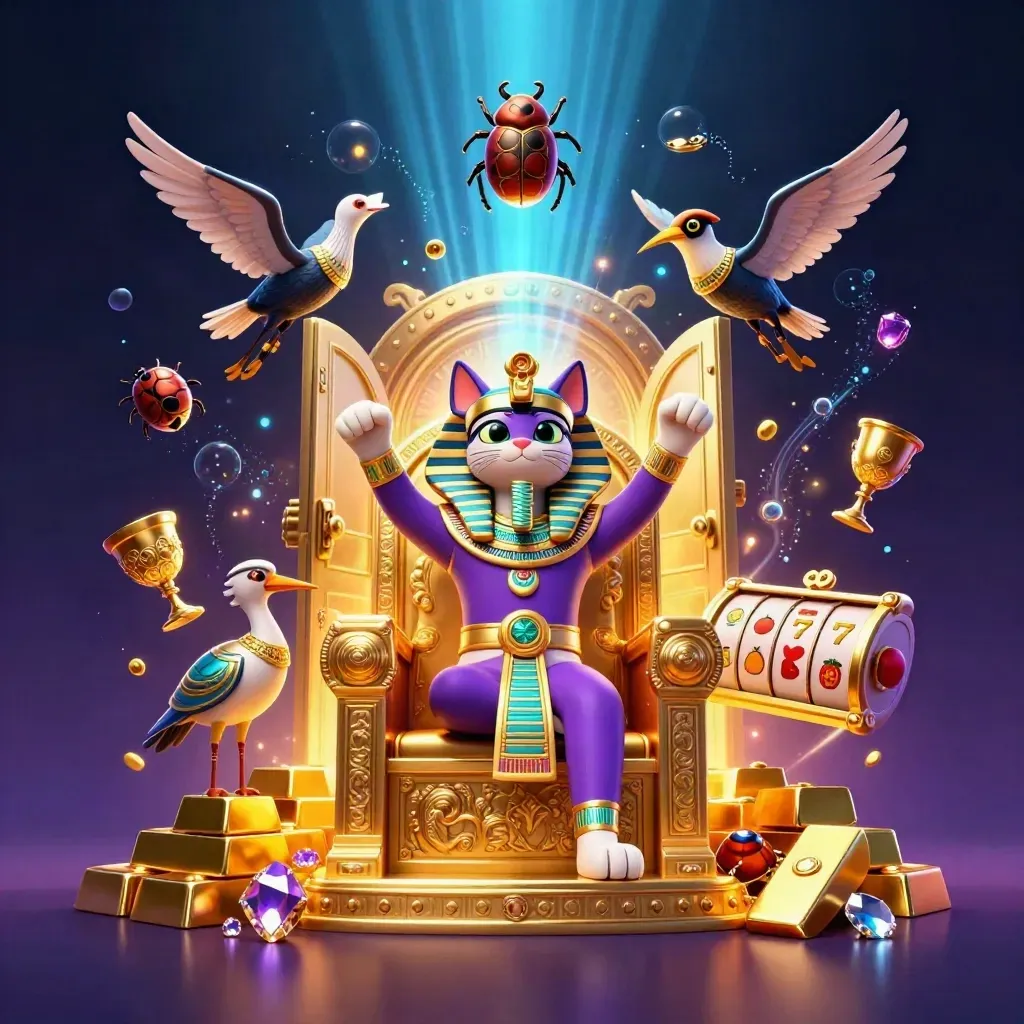 Pharaoh cat on a golden throne with scribe ibis, scarabs, vault door, gold, gems, and neon casino glow