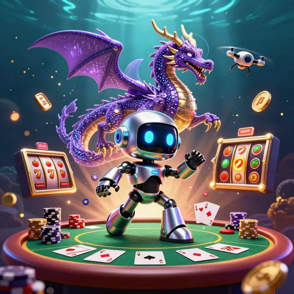 Cyberpunk robot, holographic dragon, and coin drone over a glowing casino poker table.