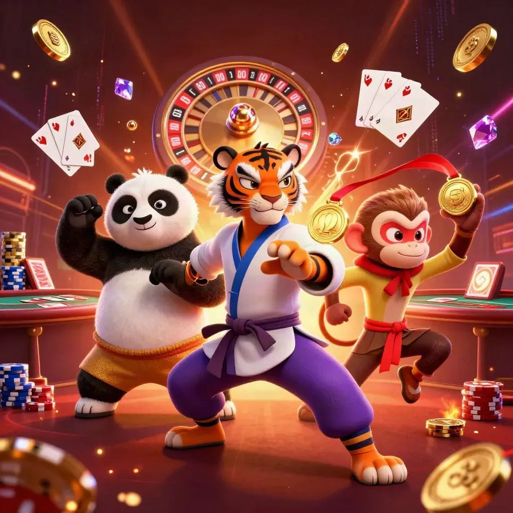 Kung-fu tiger, panda, and monkey amid roulette wheel, chips, coins, and neon casino effects.