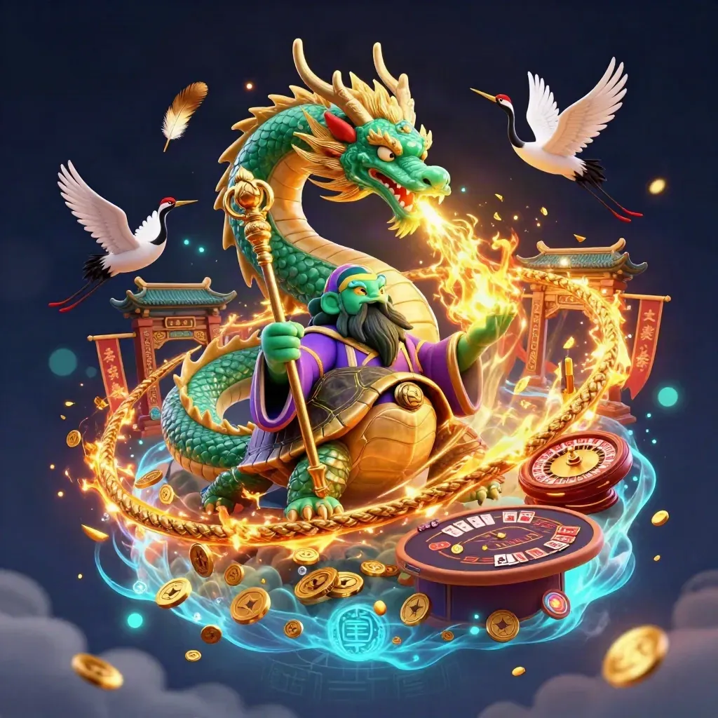 Emerald dragon, turtle sage, and cranes amid roulette, gold, and neon casino magic on dark backdrop