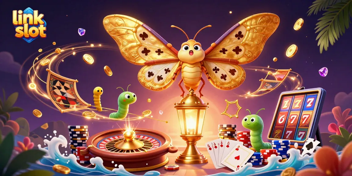 Link slot menyajikan ilustrasi menarik tentang kasino dengan motif kupu-kupu dan elemen judi lainnya.