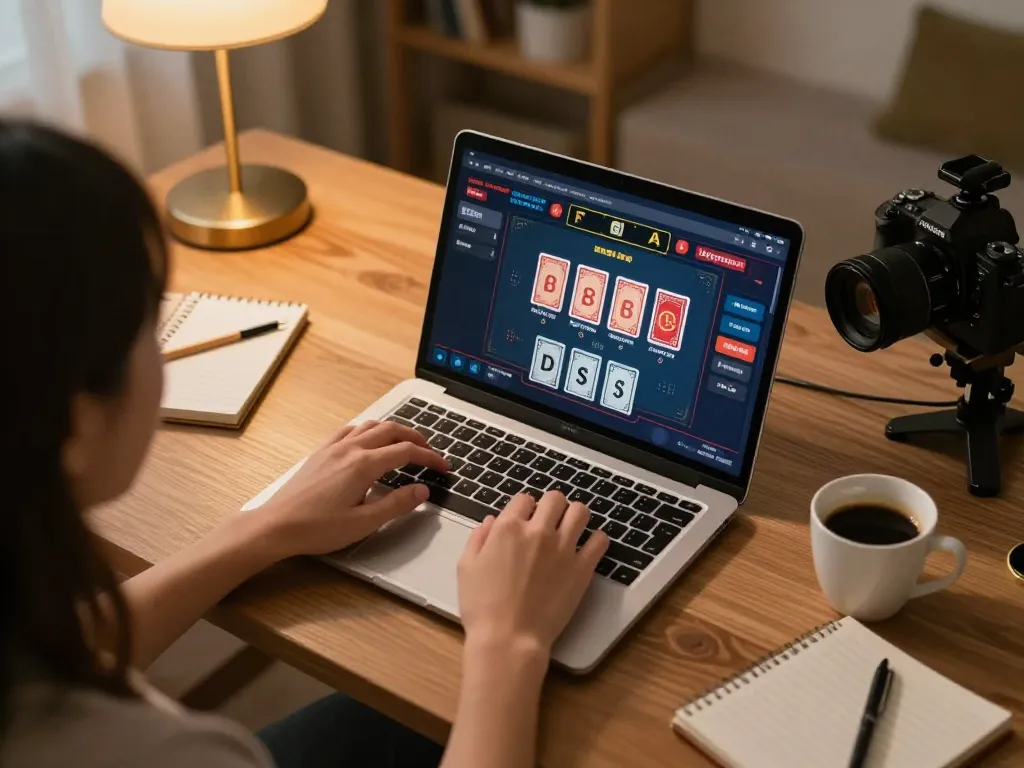 Player enjoying an online casino game on laptop, showcasing cm8888 action with betting interface during a cozy gaming session.