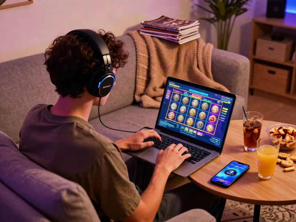 Exciting gaming experience with slot games on a laptop in a cozy home setting.