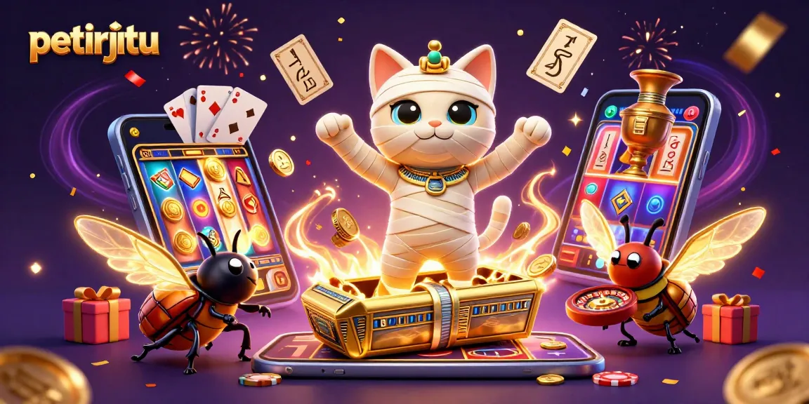 petirjitu menampilkan ilustrasi kasino dengan mummy kucing, permainan slot, dan efek perayaan.