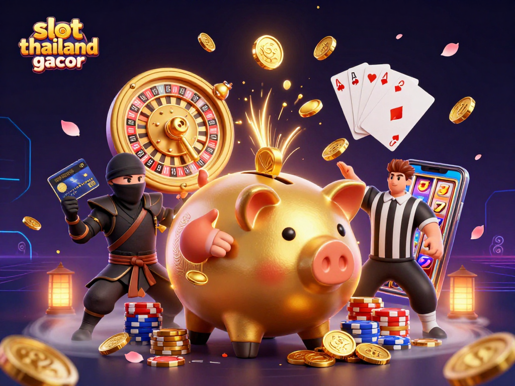Experience slot thailand gacor with dynamic 3D casino characters amidst a whirlwind of coins and gems.