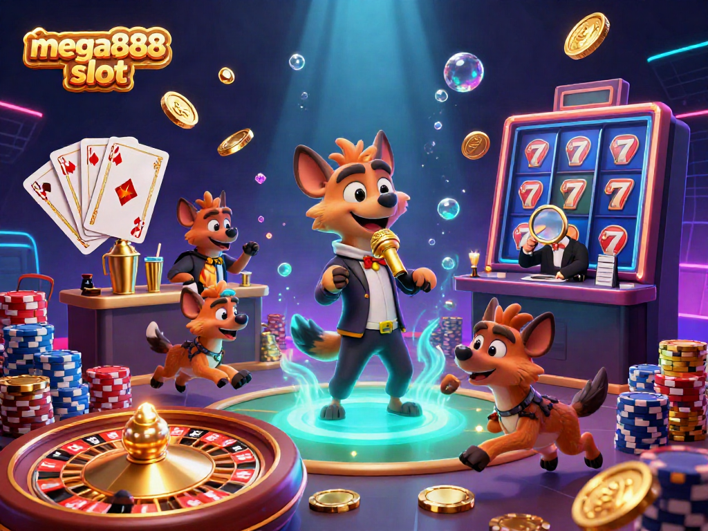 Engage with mega888 slot in a vibrant casino scene with hyenas as entertainers, surrounded by gold coins and vibrant game elements.