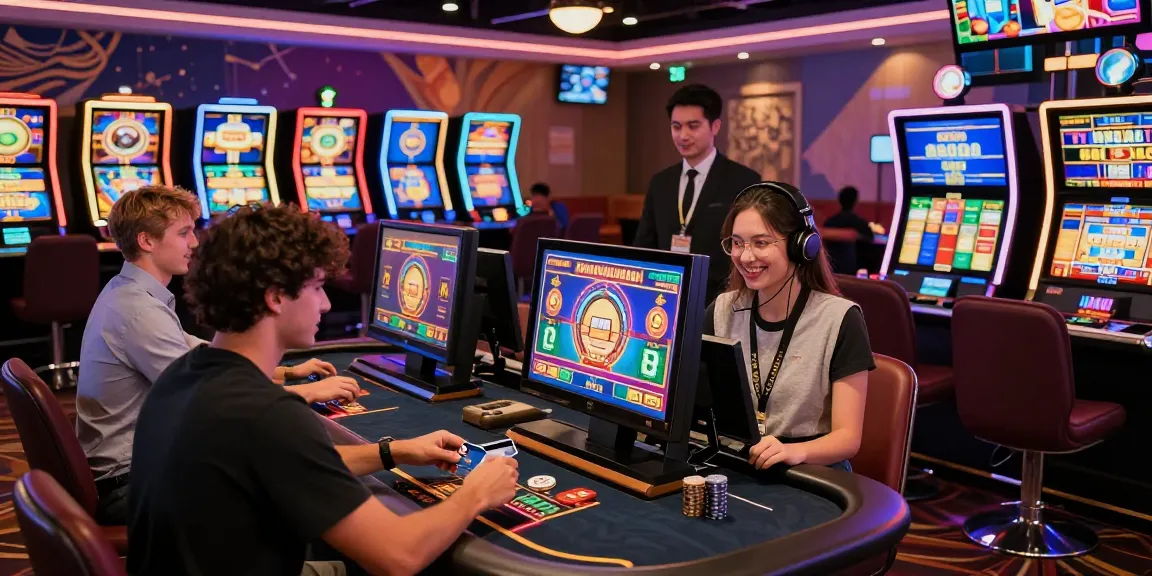 Exciting scene of online casinos that accept credit cards with players engaging at gaming stations and using credit cards for deposits.
