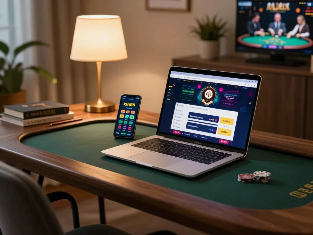 Kuwin online casino gaming setup with laptop and smartphone, showcasing engaging betting opportunities