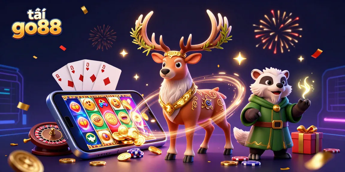 Engage with tải go88 through a vibrant scene of gaming action, featuring festive characters and casino elements.