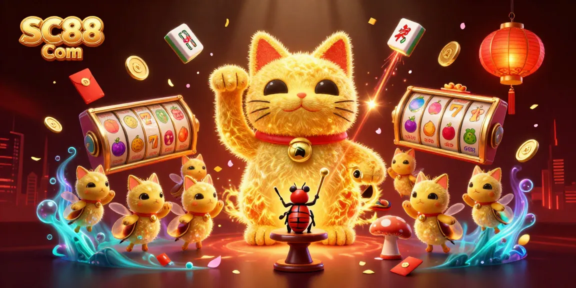 Experience the vibrant energy of SC88 Com with a golden cat and dynamic slot reels in a vivid illustration.