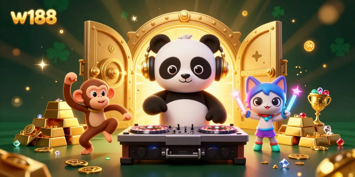 Experience w188 excitement with a DJ panda and lively characters in a vibrant, festive casino scene.