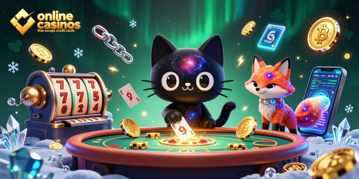 Experience the excitement of online casinos that accept credit cards with vibrant 3D illustrations of gameplay and crypto elements.