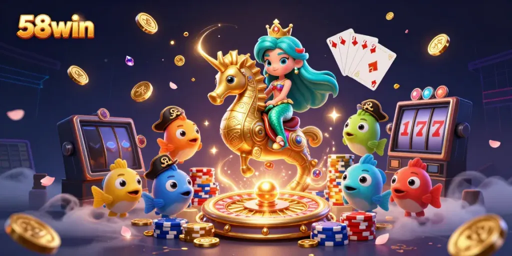 Experience the vibrant excitement of 58win with a colorful mermaid and casino magic.