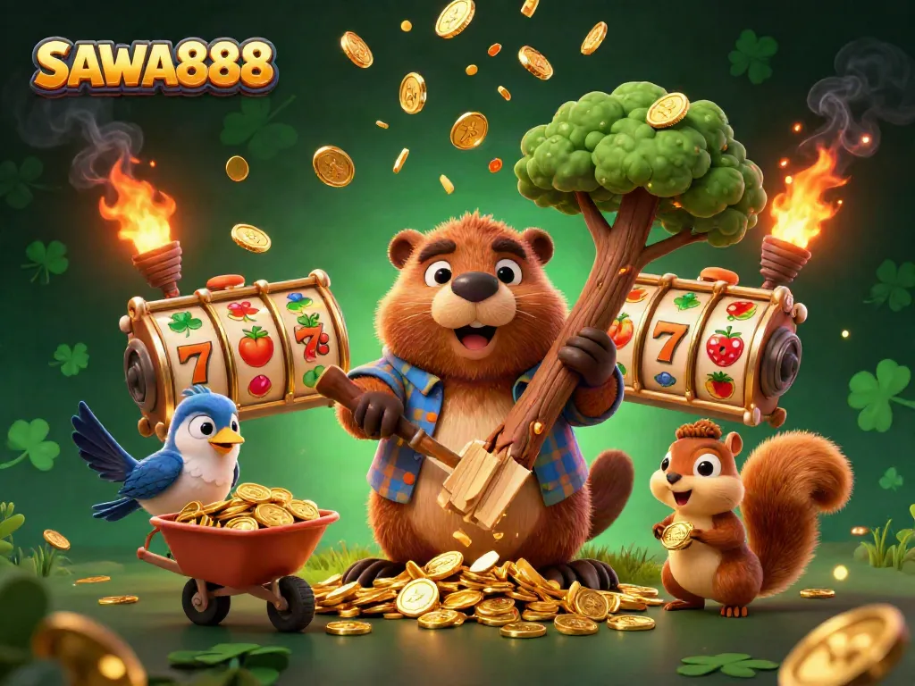 Experience thrilling moments with SAWA888 as a beaver collects gold in this vibrant casino scene.
