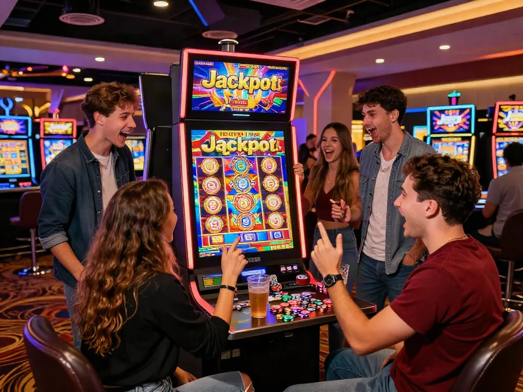 Group celebrating a big win at a slot jackpot machine in a modern casino.