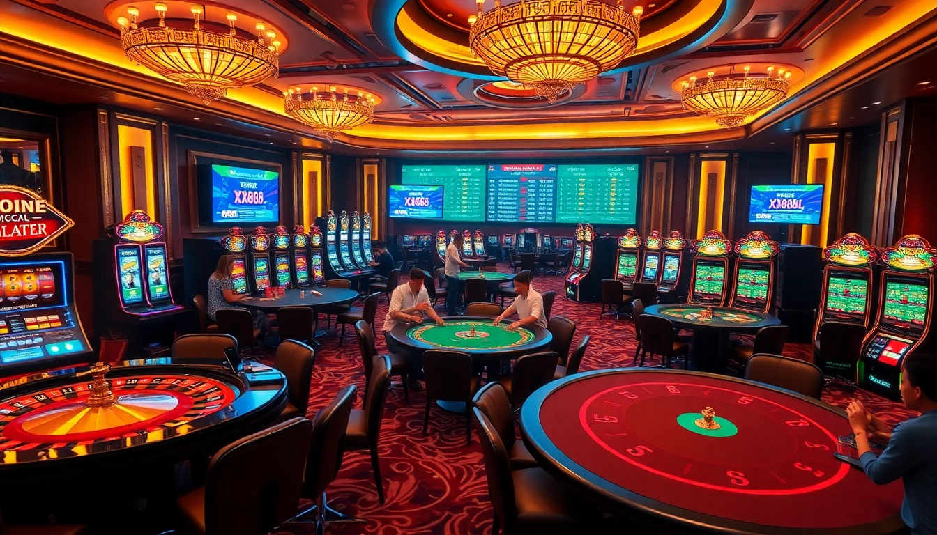 Players reveling in the excitement of casino gaming at XX88.AI with vibrant slot machines.