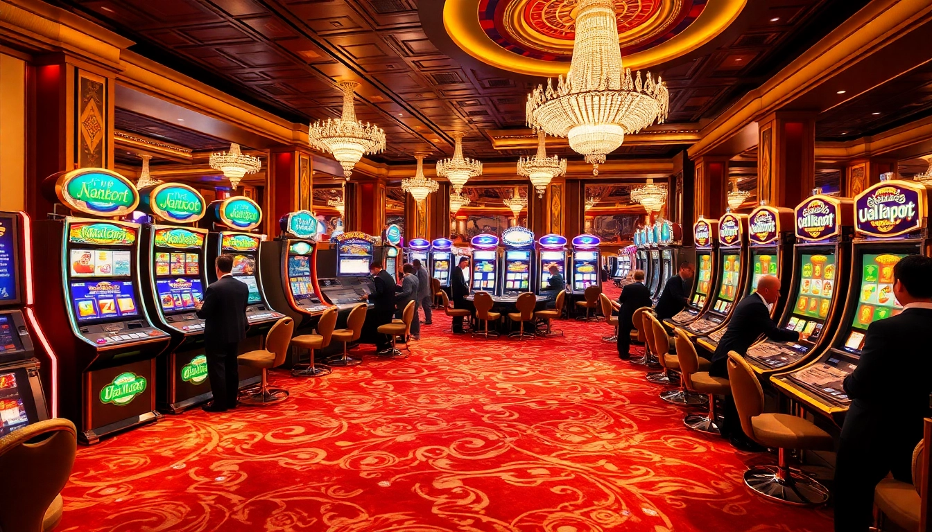Nổ Hũ Jackpot slot machines in a vibrant casino atmosphere, showcasing exciting game action and luxury.