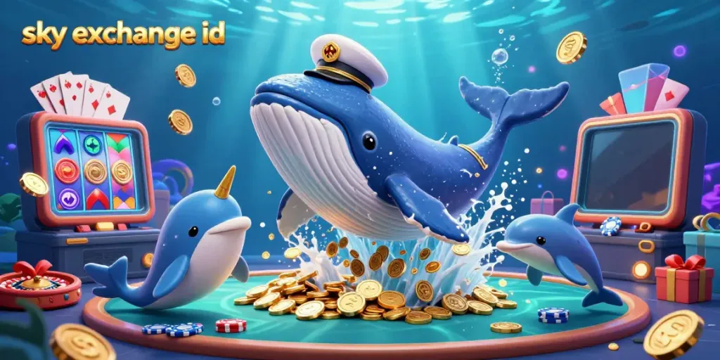 Experience thrilling bets with sky exchange id as a whale, narwhal, and dolphins play amidst coins and game elements.