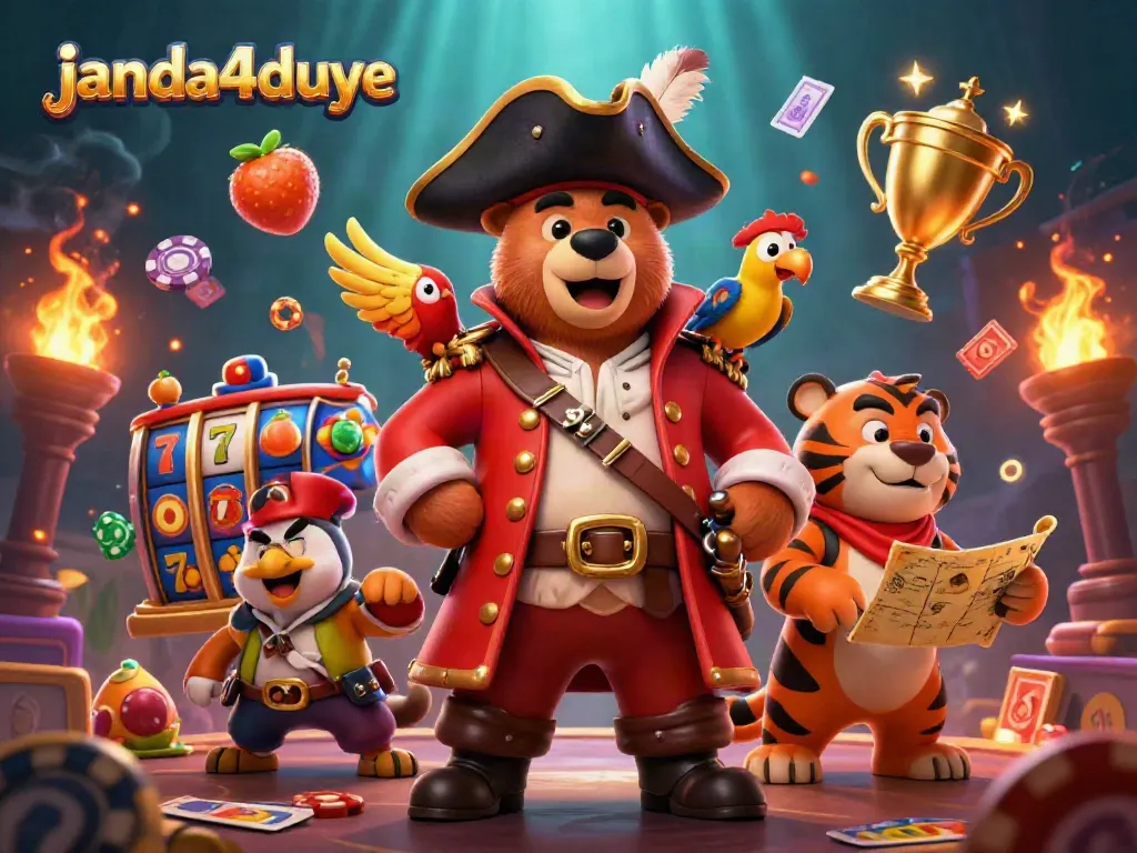 Janda4duye menampilkan ilustrasi kasino dengan beruang kapten bajak laut dan harimau, dikelilingi simbol slot dan elemen permainan lainnya.