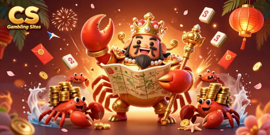 Experience the excitement of CS Gambling Sites with a golden crab emperor and vibrant casino elements in 3D.