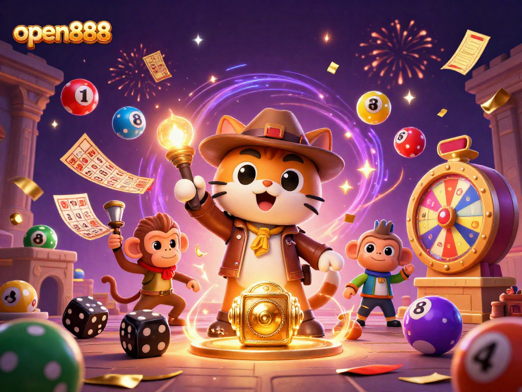 Experience excitement with open888 as the explorer cat uncovers casino treasures amidst animated lottery fun.