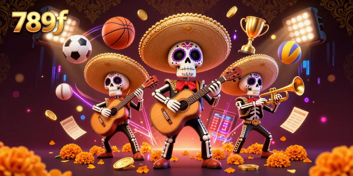 Immerse in the vibrant world of 789f with a lively mariachi band surrounded by dynamic sports elements.