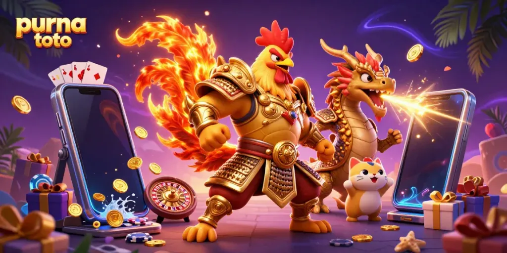 Gambarkan purna toto saat memainkan slot dengan karakter ayam dan naga, dikelilingi koin emas dan hadiah.