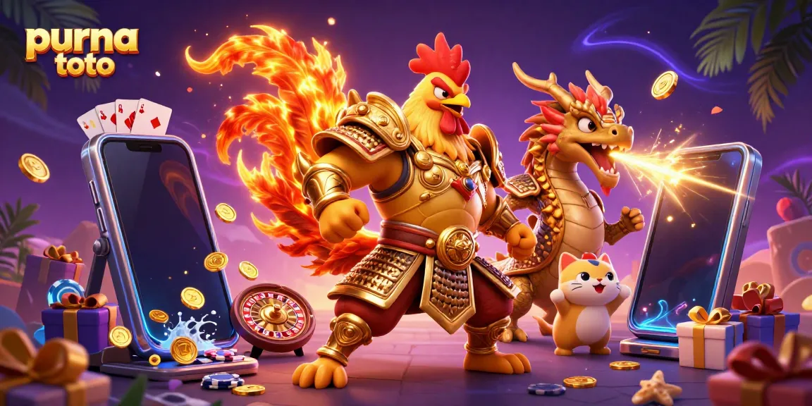 Gambarkan purna toto saat memainkan slot dengan karakter ayam dan naga, dikelilingi koin emas dan hadiah.
