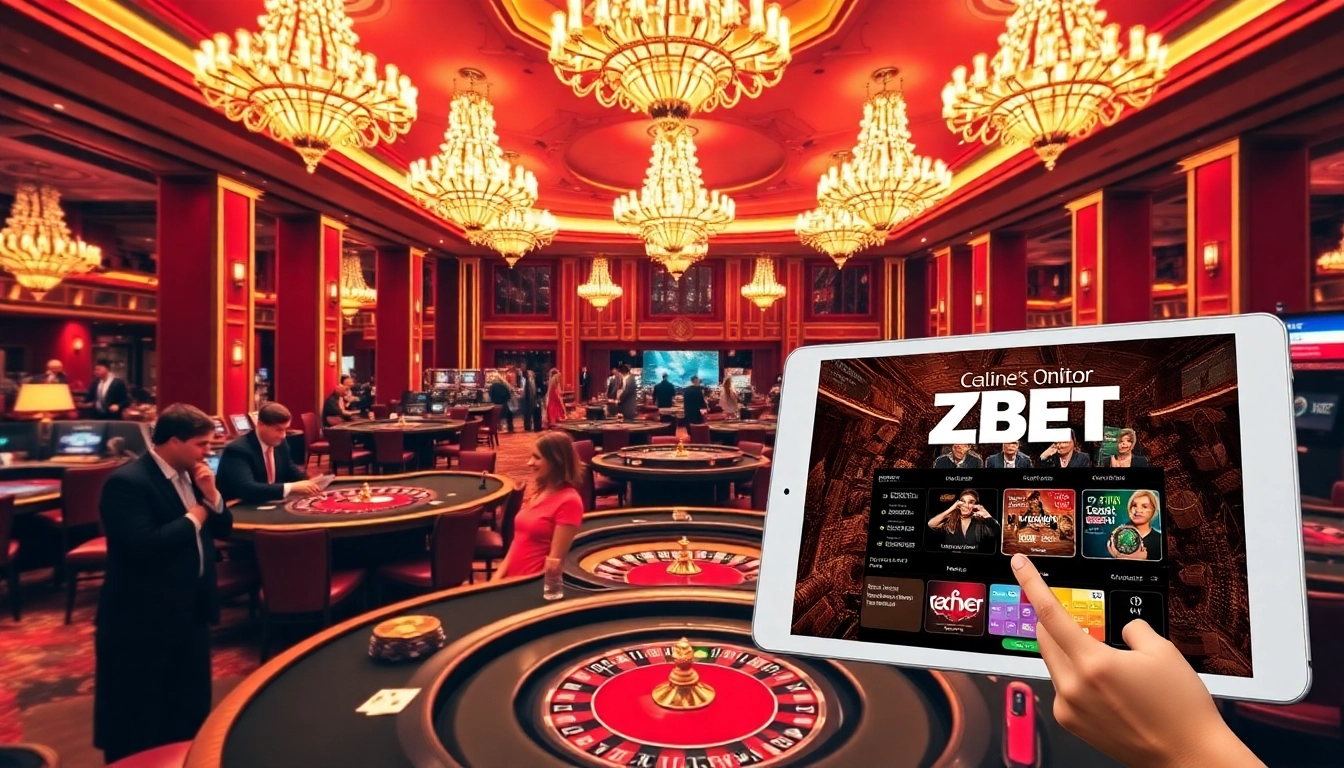ZBET players enjoying an exciting game at a casino with vibrant poker tables and roulette.