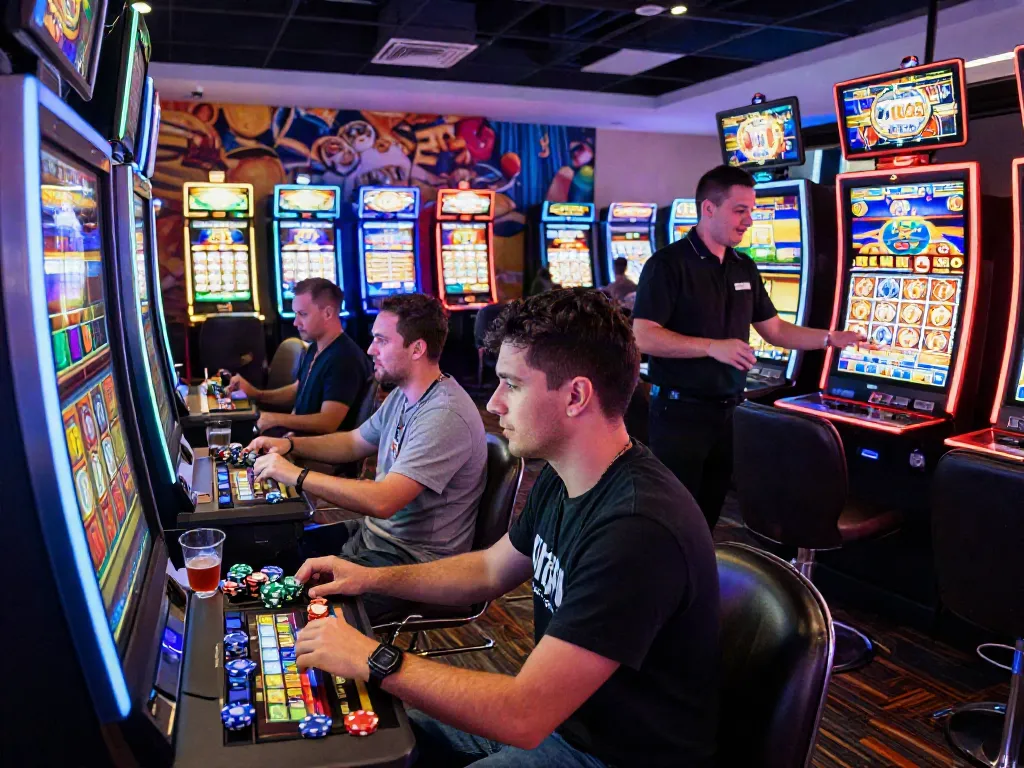 Excited players in a vibrant casino setting aiming for a slot jackpot, highlighting the thrill of winning.