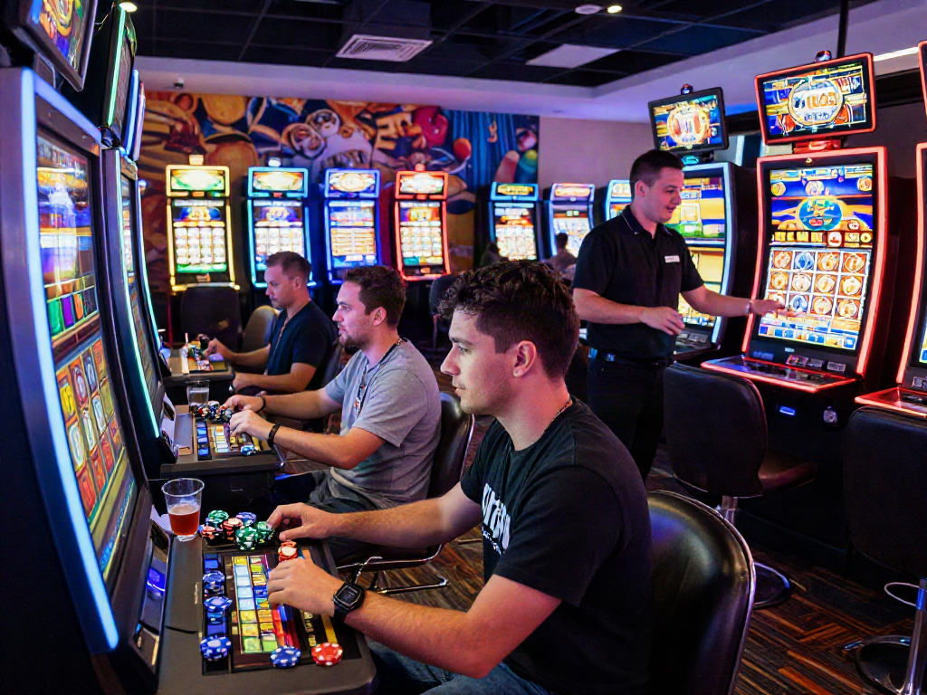 Excited players in a vibrant casino setting aiming for a slot jackpot, highlighting the thrill of winning.