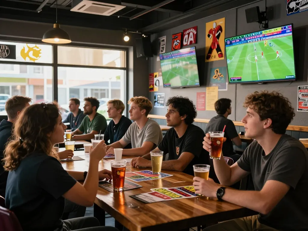 A group enjoying a live football match while engaging in kèo nhà cái trực tiếp betting activities.