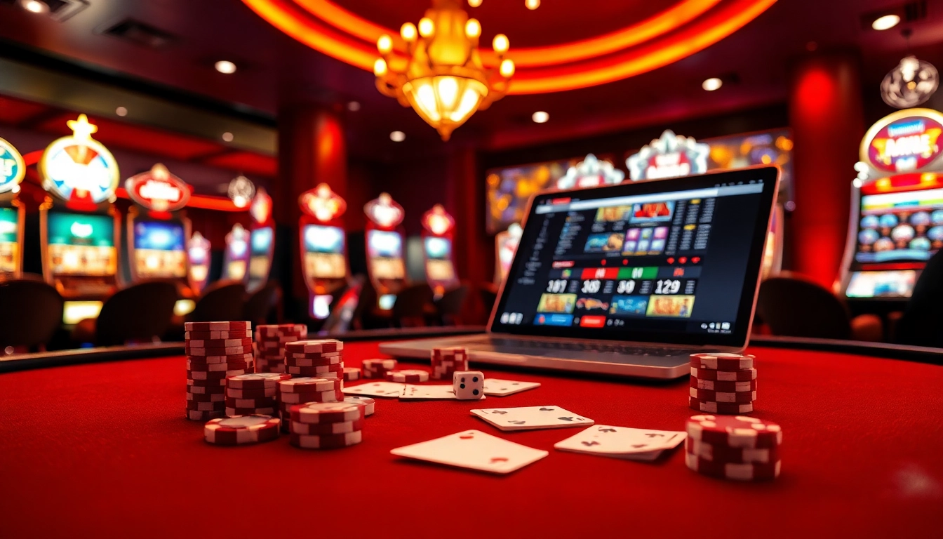 Experience the thrill of online gaming with mb66-t.com at a luxurious casino table filled with poker chips and cards.