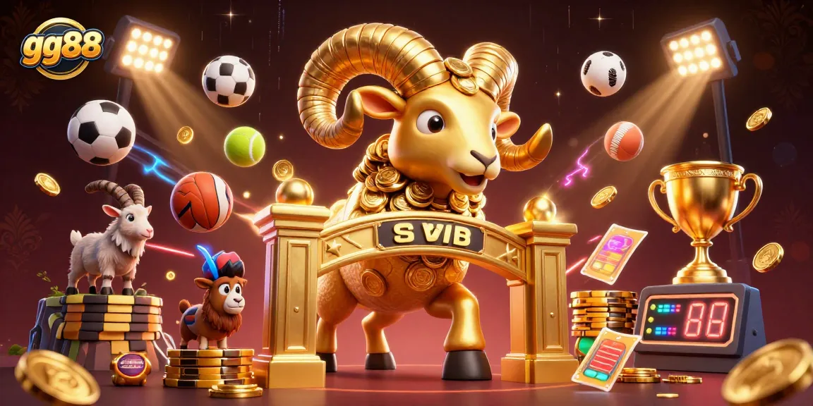 gg88 showcases a dynamic 3D scene with a golden ram and vibrant sports elements, capturing the casino excitement.
