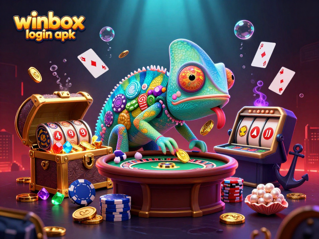Winbox login apk illustration showcasing a vibrant 3D scene with casino elements like golden coins and slot reels.
