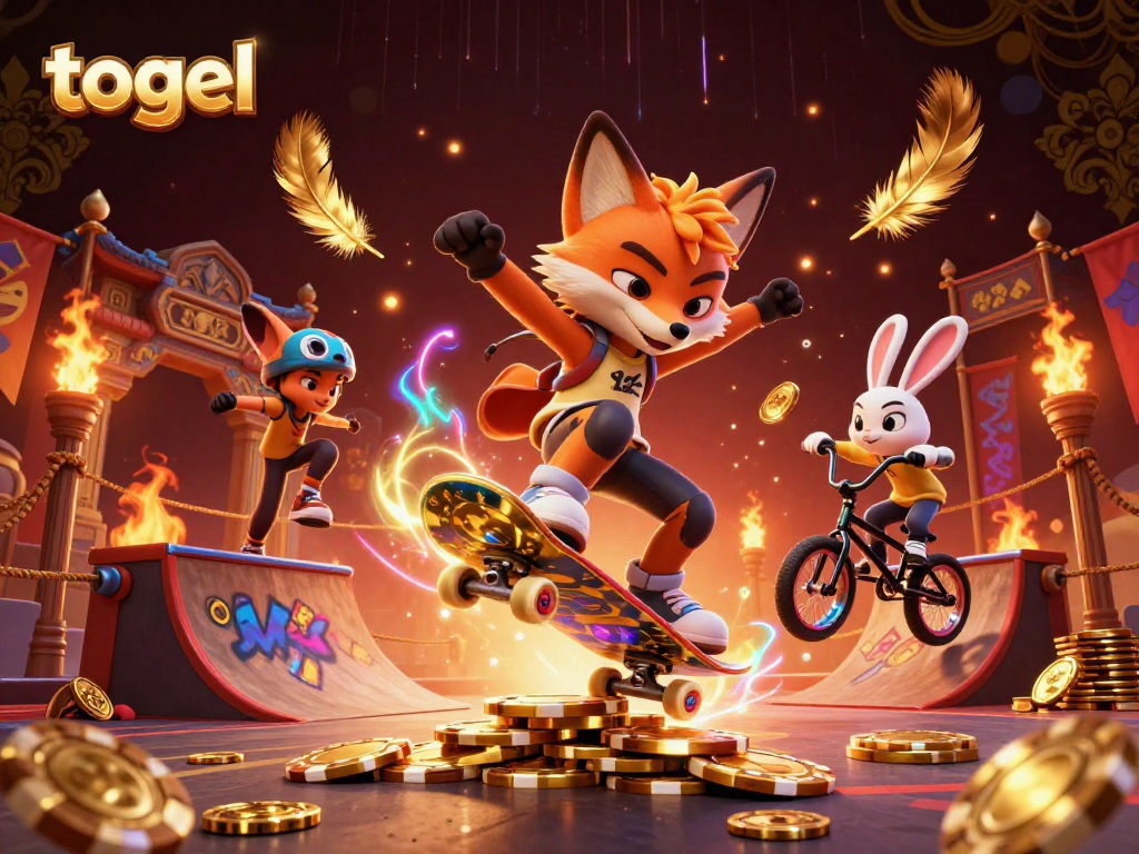 Engage with togel excitement as a skateboarder fox flips over golden poker chips, vibrant casino elements swirl around.