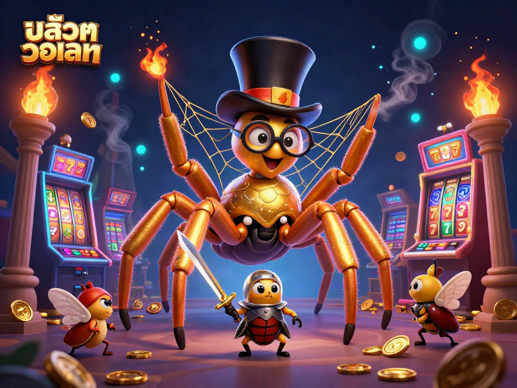 Engage with สล็อตวอเลท in a vibrant scene showcasing a golden tarantula and beetle knights amidst casino elements.