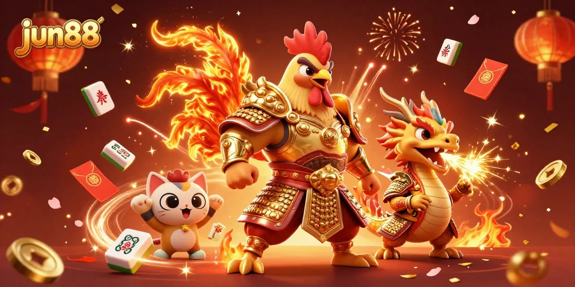 Engage with thrilling action at jun88 featuring a samurai rooster and dragon in a vibrant casino scene.