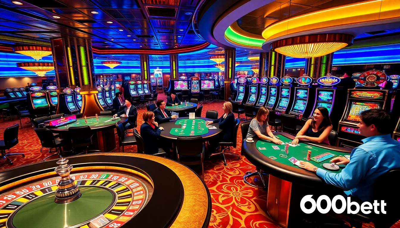 Ambiente de juego emocionante en 600bet con jugadores participando en mesas de casino y máquinas tragamonedas vibrantes.