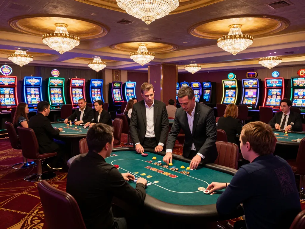 Players betting at AF88's lively poker tables in an upscale casino ambiance